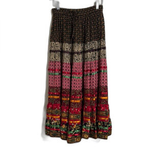 Women's Mix Print Pull On Maxi Skirt Ribbon Detail size S Boho Cottagecore Artsy